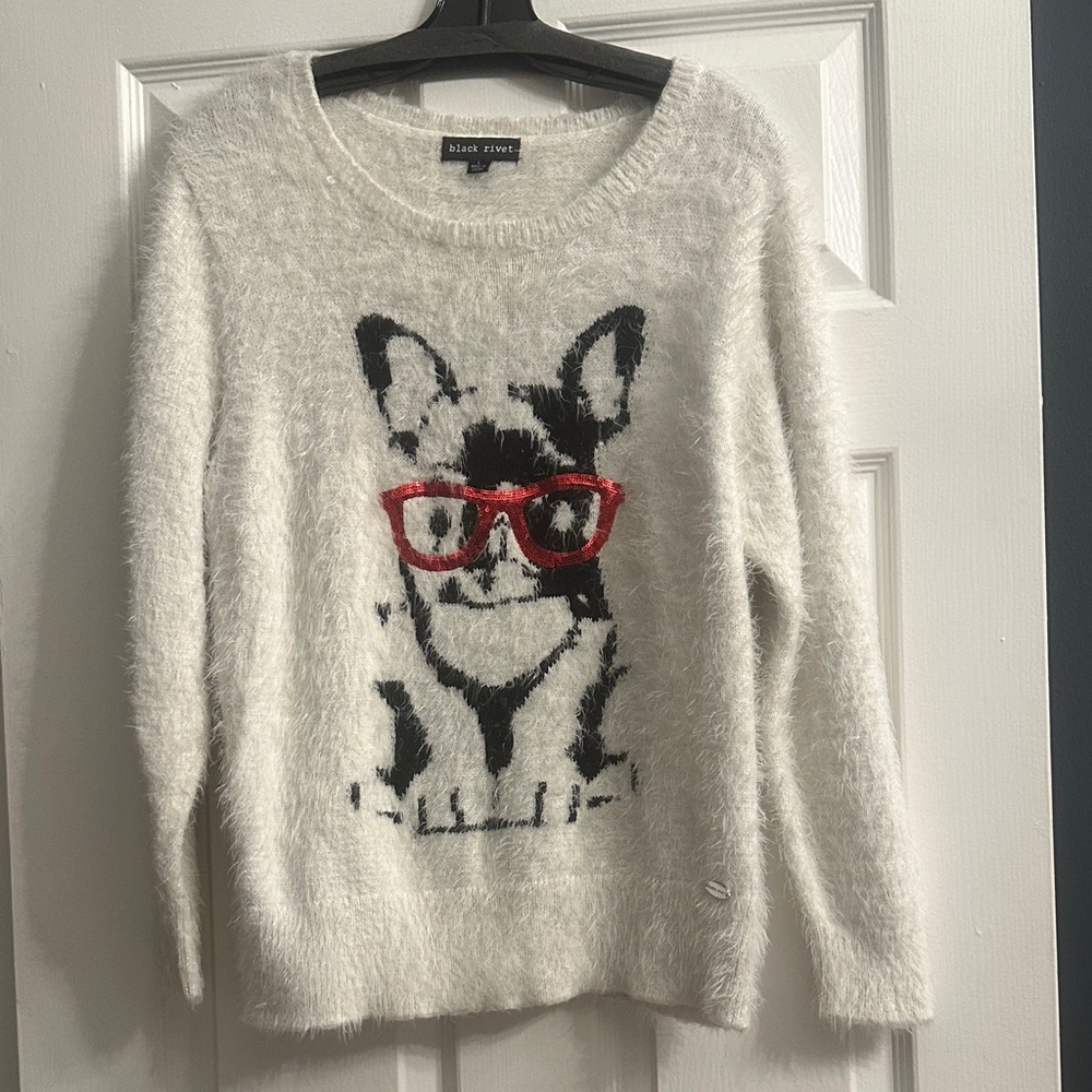 Black Rivet Fuzzy White Sweater with Dog and Red Glasses